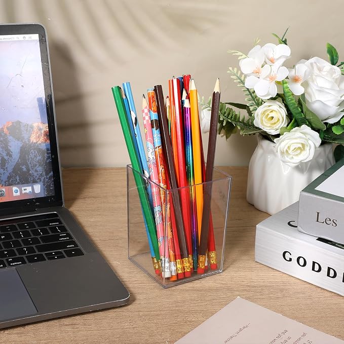 2 Pcs Pen Holder Acrylic Cylinder Container Stylish Clear Acrylic Desk Organizer Makeup Brush Storage Desktop Pencil Cup Clear Stationery Organizer for Home School Office Supplies Countertop
