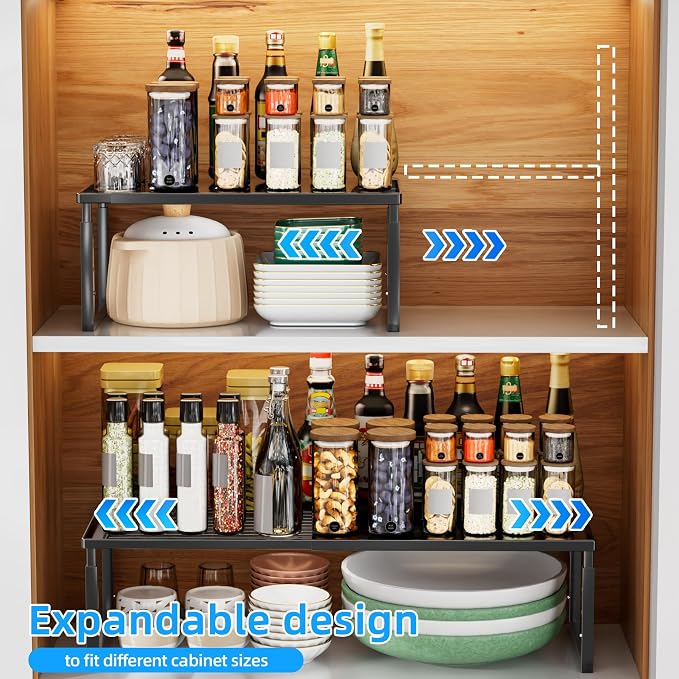 Cabinet Shelf, 2 Pack Expandable Shelf for Kitchen Storage | Stackable & Height Adjustable Cabinet Organizer Shelf | Metal Shelf Organizer | Black Spice Rack for Pantry Storage