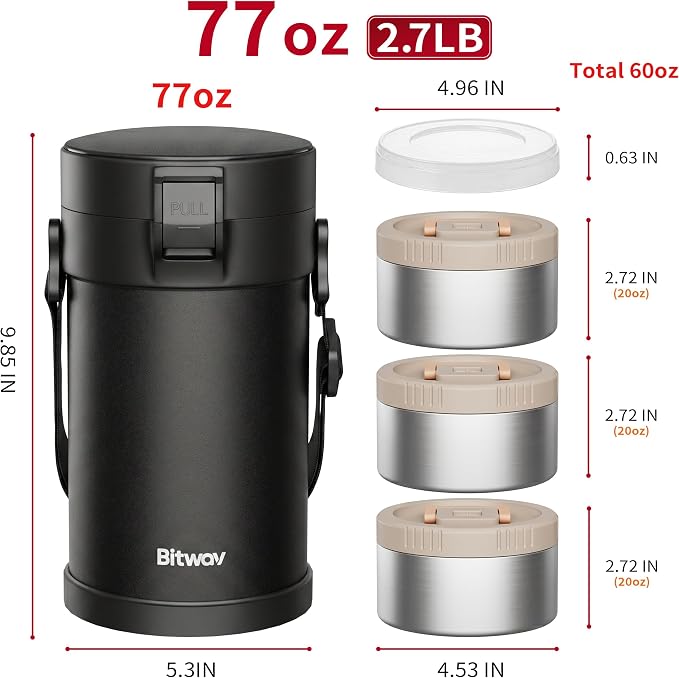 77oz Stainless Steel Insulated Food Jar, 3 Tier Stackable Bento Lunch Box, Vacuum Thermal Food Container for Hot Food, Soup Thermos with Insulated Bag for Work, Travel, Outdoor (77 oz Black)