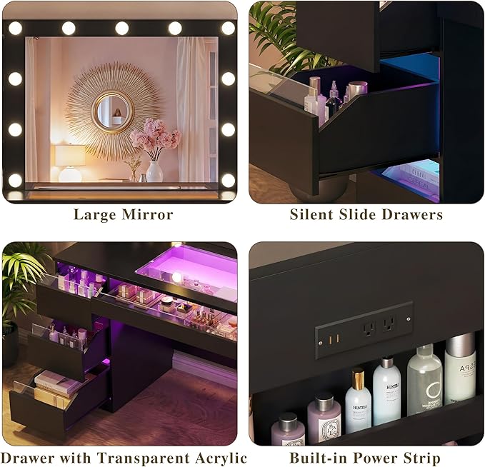 HUAHUU Vanity Desk with Lighted Mirror & Transparent Top, Makeup Vanity Desk with 4 Transparent Drawers and RGB Lighting, Built-in Power Outlet, 3-Tier Side Shelves & Storage Organizer for Bedroom