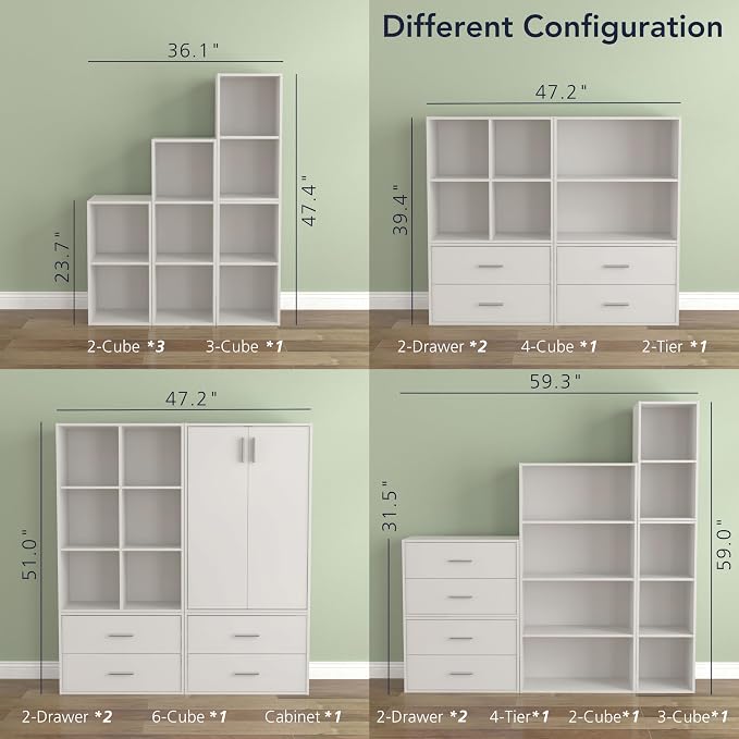 Homes: Inside + Out Apexa 6-Cube Storage Organizer Shelves, Stackable Wood Bookcase Fits Cubby Bins for Organization, Dorm Teen Room Decor & Home Office, White