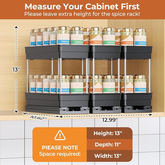 Pull Out Spice Rack Organizer for Cabinet, 3 Pack 2 Tier Sliding Spice Rack | Dual Rail, Slide Out Seasoning Organizer for Kitchen Cabinets, No Drill Installation, Space Saving Cabinet Storage Organizer