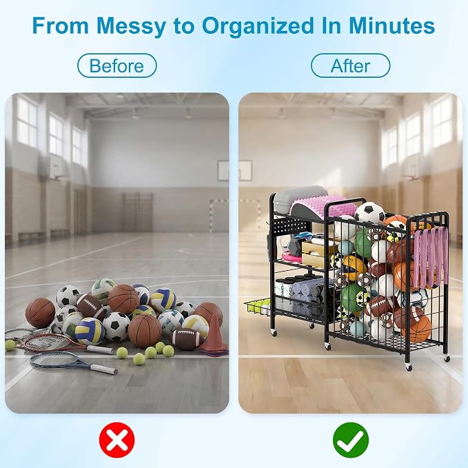 Sports Equipment Garage Organizer,Garage Ball Storage Rack for Sports with Wheels-Upgraded 3 Layers Organizer Rack Outdoor Basketball Racks for Balls with Holder and Hooks (Deep Black)