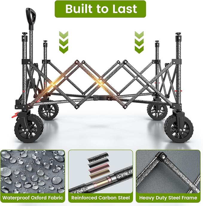 Blomoba Collapsible Wagon Cart with Wider Wheels, 330lbs Heavy Duty Foldable Beach Wagon with Auto-Rebound Handle, 180L Utility Grocery Shopping Cart for Garden, Shopping, Camping, Sports, Gray