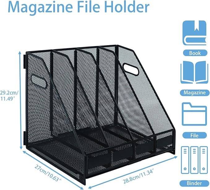 Desk Organizers Metal Magazine File Holder Racks Desktop Folder Storage Binder Organiser Document Organization for Home Office & Classroom,4 Vertical Compartments