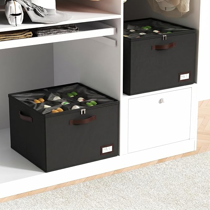 OIAHOMY 2 Pack Shoe Organizer for Closet, Large Foldable Shoe Storage Bins with Dividers and Reinforced Handles, Each Clear Cover Sneaker Box Fits Up to 16 Pairs for Entryway and Bedroom, Black
