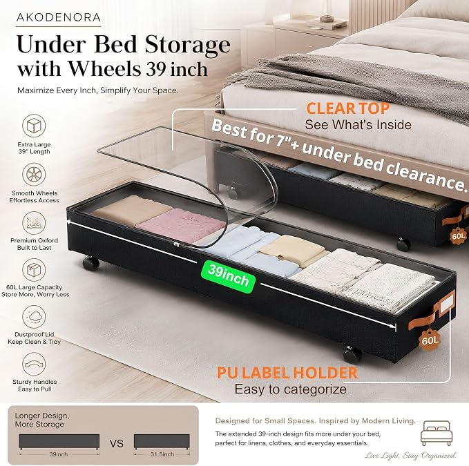 Under Bed Storage with Wheels 39inch, Extra Long Under Bed Storage Bins, Low Profile Under Bed Storage 5.5inch Height No Assemble Storage Containers, Under Bed Shoe Storage with Lids