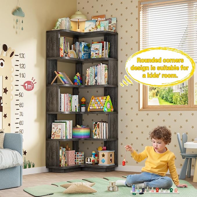 Armocity Corner Book Shelf - 6 Tier Corner Bookshelf Etagere Bookcase with Baffle, Freestanding L Shaped Display Shelf Stand for Home Office, Living Room, Bedroom, Kitchen, Grey Oak