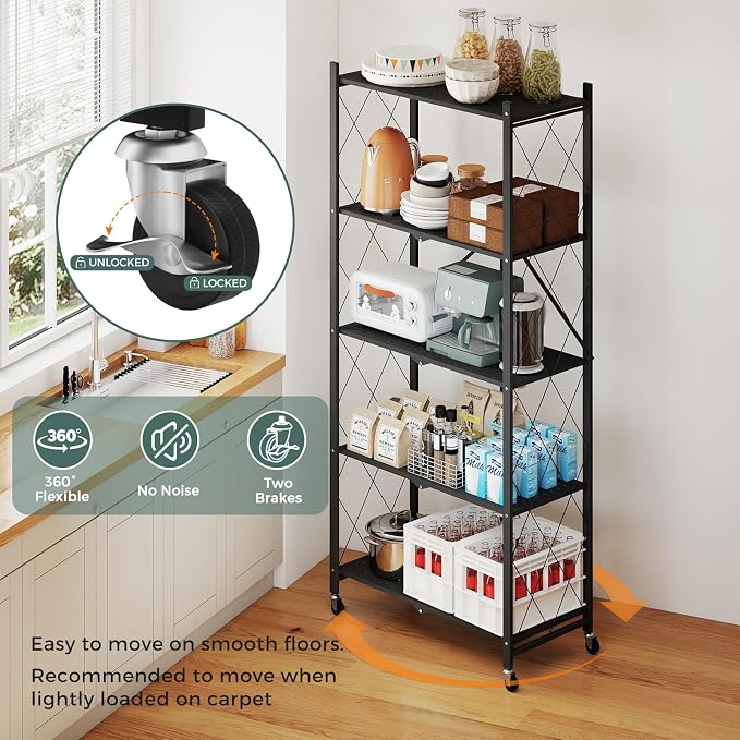 DEANIC 70.7" Tall Extra Large 5-Tier Folding Storage Shelf with Wheels, No Assembly Collapsible Metal Rack with Leveling Feet for Garage, Pantry, Basement, Vendor Display, Kitchen(Black,1 Pack)
