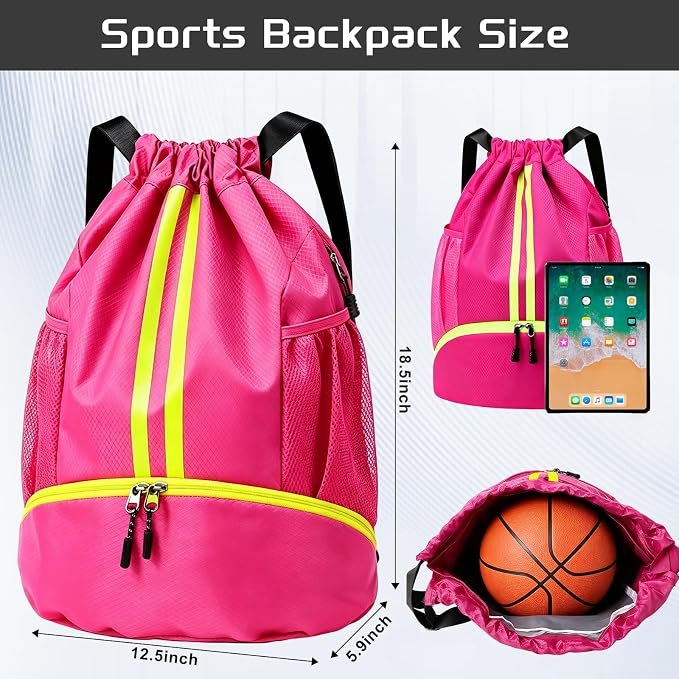 Rose Sports Drawstring Backpack with Shoes Compartment, String Gym Bag with Wet Proof Pocket for Basketball, Soccer, Swim, Sport Bag for Men and Women