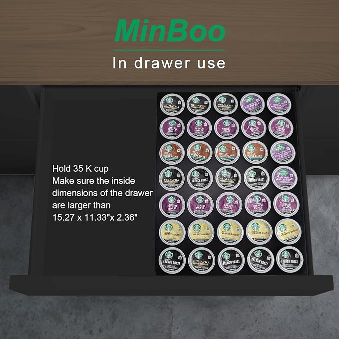 MinBoo BamBoo k cup holder Drawer or Countertop k cup Organizer Coffee Pod Holder Hold 35 Coffee Pod Storage Kcup coffee pods holder for coffee station Office and Kitchen k cup storage,Black