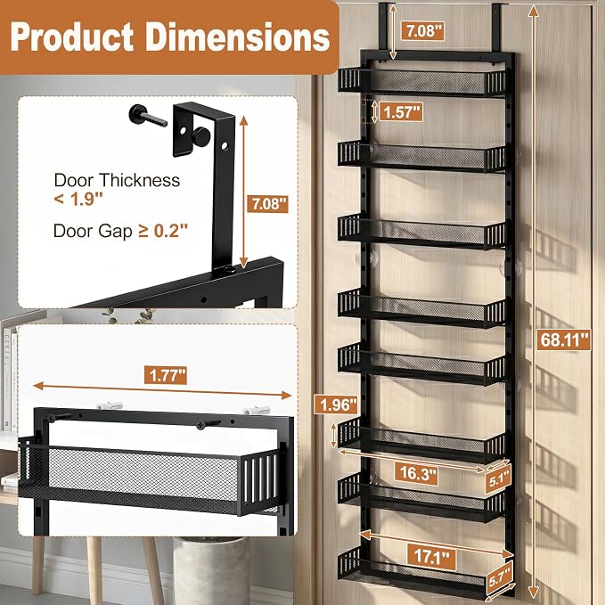 Over the Door Pantry Organizer, 2-in-1 Wall Mount or Hanging Spice Rack, 8-Tier Pantry Door Storage Shelf with Adjustable Baskets, Anti-Swing Design for Kitchen, Bathroom, Laundry Room