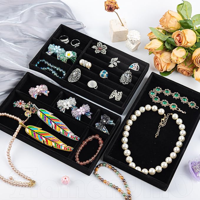 Framendino, 4 Pack Black Velvet Jewelry Trays Stackable Organizer Drawer Inserts Container Display Case for Bracelets Necklaces