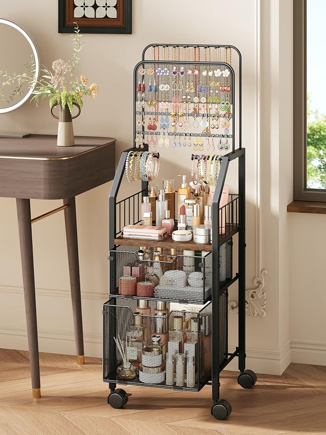 SWTYMIKI Jewelry Organizer with Drawers- Metal Jewelry Holder Stand Large Necklace Holder and Earring Organizer Display, Rolling Jewelry Storage Makeup Organizer for Bedroom Vanity Closet Espresso