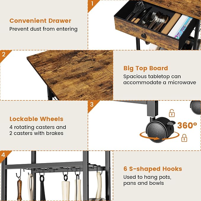 Microwave Cart, 4-Tier Microwave Stand with Adjustable Shelf | Kitchen Storage Cart on Wheels, Coffee Bar Cart Shelf for Living Room, Kitchen Island, Office, Balcony, Rustic Brown