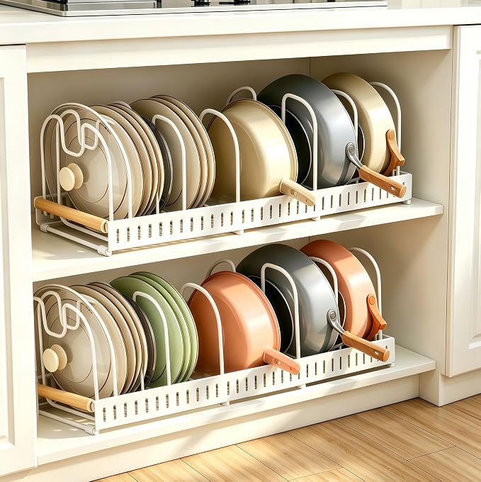 Pots and Pans Organizer Rack for under Cabinet, Expandable 12.2''-22.64'' Pot Lid Kitchen Cabinet Organizer Holder with 7 Adjustable Compartment Cutting Board Organizer for Pan Lid, Bakeware