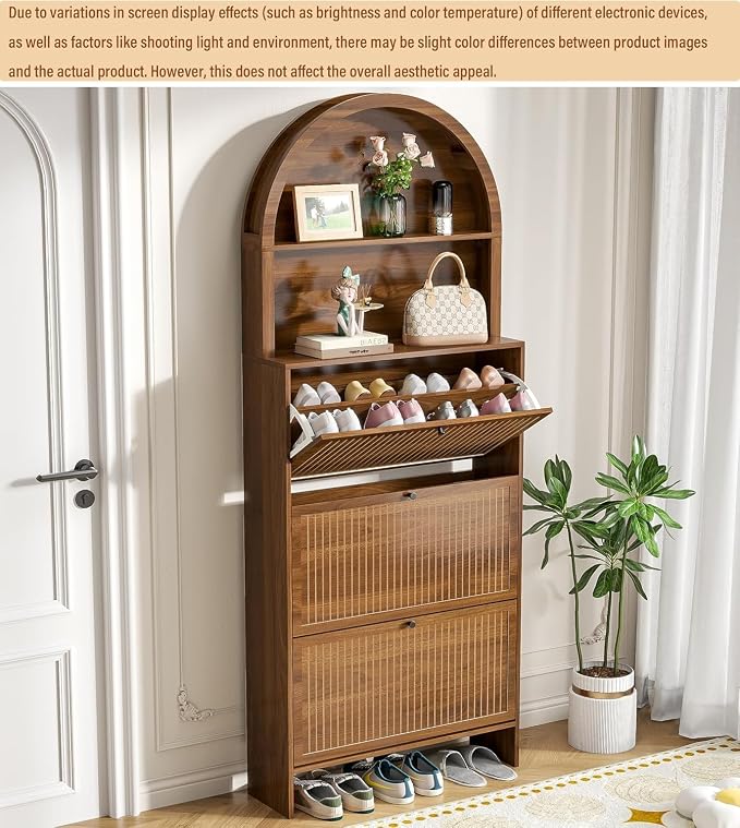 Shoe Storage Cabinet for Entryway with 3 Flip Drawers, 78.7 Inch Tall Arched Hidden Shoe Cabinet with Shelves, Narrow Freestanding Shoe Rack Organizer with Fluted Panel for Foyer (Walnut)