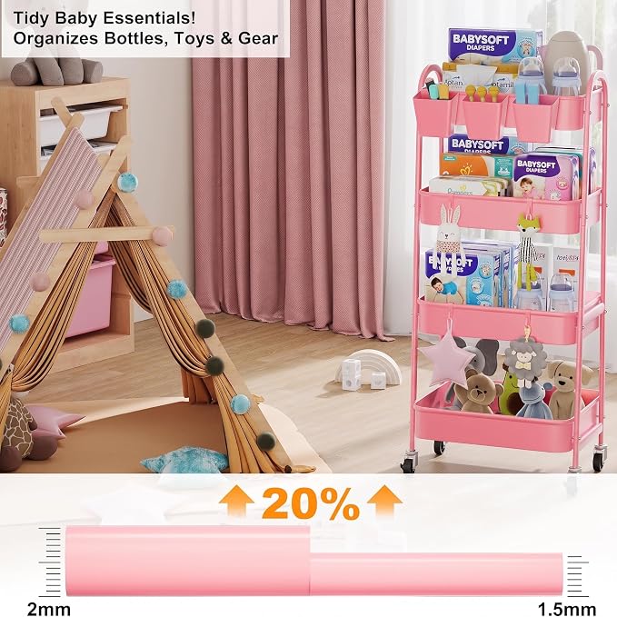 4 Tier Rolling Cart Metal with Lockable Wheels, Four Tiered Pink Trolley Cart on Wheels, Utility Storage Organizer Carts for Bathroom, Kitchen, Art, Craft, Baby Diaper Caddy, Snack, Makeup, Nail, Lash