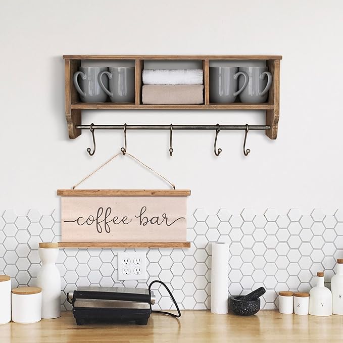 BizChair Wall Mounted Storage Rack - Rustic Brown Solid Pine Wood - 24 Inch - Upper Shelf - 5 Hooks - Wire Baskets - For Entryway, Kitchen, Bathroom