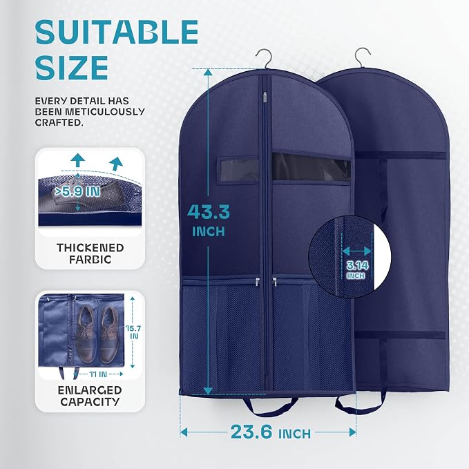 Lazebox 43" Travel Garment Bag with Accessories Zipper Pocket, Heavy Duty Suit Bag for Suits, Tuxedos, Dresses, Coats, Blue, 1 pack