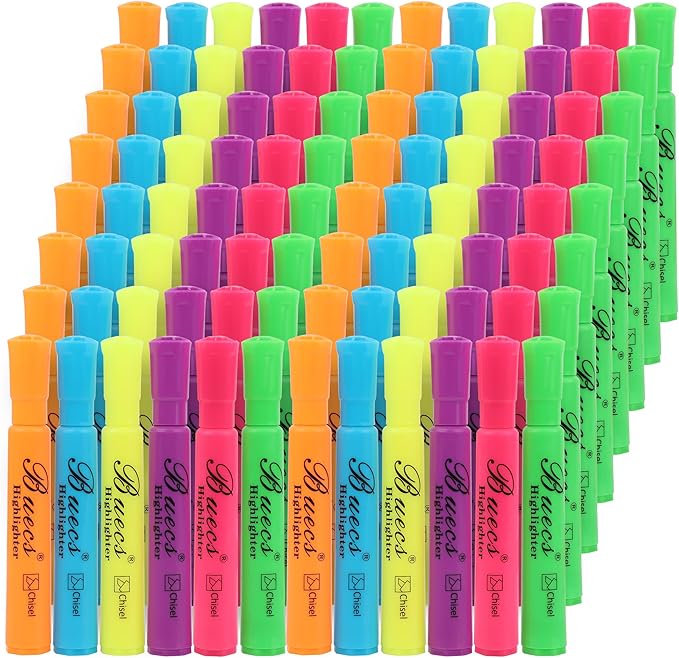 Buecs Highlighters Bulk Pack, 96 Count, Assorted Colors, Chisel Tip, suitable for Adults Highlighting Planner Notes, Office School Supplies