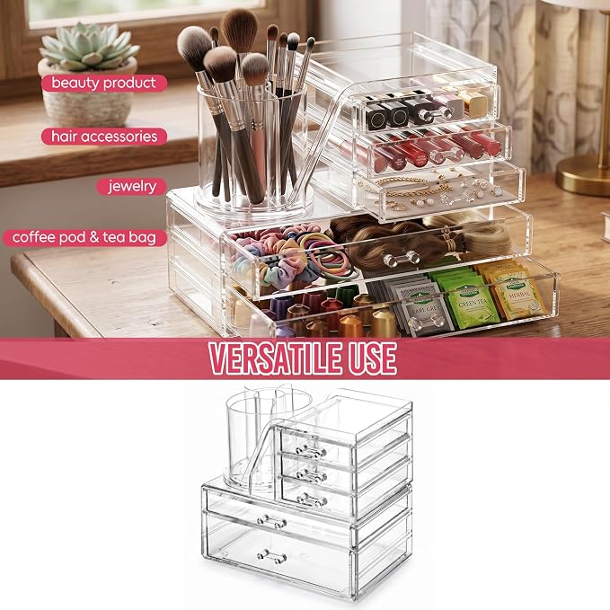 ShineMe Acrylic Makeup Organizers, 2 Tier Stackable Cosmetic Organizer for Vanity with 360° Rotating Makeup Brush Holder & 5 Drawers, Clear Hair Accessory Organizer Countertop for Dresser, Bathroom