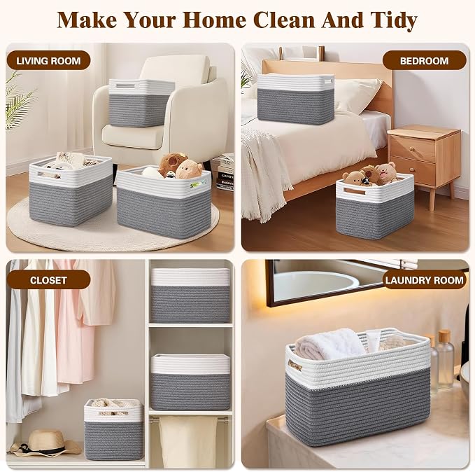 Storage Baskets for Organizing, 4 Pack Baskets for Shelves, Decorative Storage Bins for Shelves, Cotton Rope Storage Basket with Handles, Woven Basket for Storage, 13''Lx8.7''Wx7.9''H, White & Gray