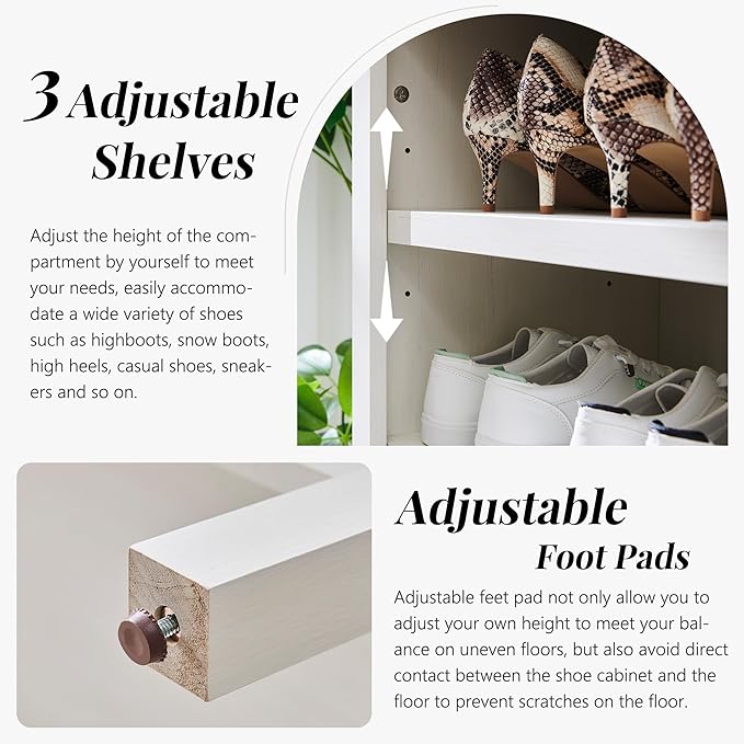 IFGET 71" Tall Arched Shoe Storage Cabinet, 8 Tiers 16 Pairs Wooden Shoe Rack with 3 Adjustable Shelves, Freestanding Shoe Closet Shelf Organizer for Entryway, Hallway, Living Room, Antique White
