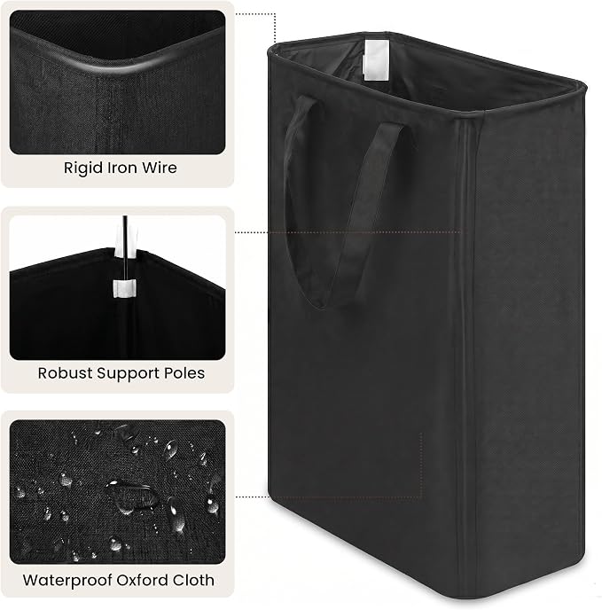 efluky 2 Pack Slim Laundry Basket with Lid, Narrow Laundry Hamper with Handles, Collapsible Dirty Clothes Hamper, Tall Laundry Bin for Laundry Room, Dorm and Bedroom, 50L Black