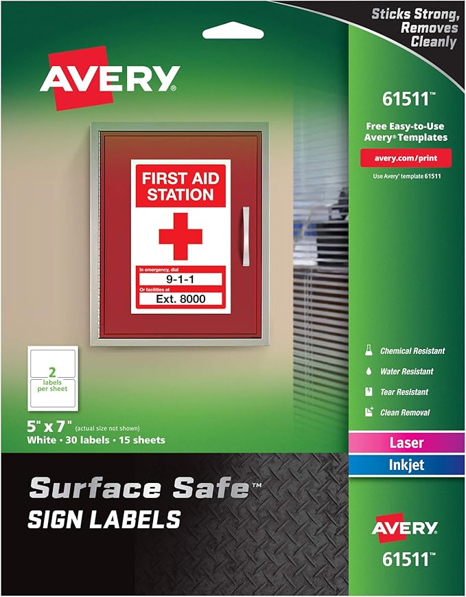 Avery Printable Warning Signs, 5" x 7", Water/Chemical Resistant, 30 Removable Labels (61511)