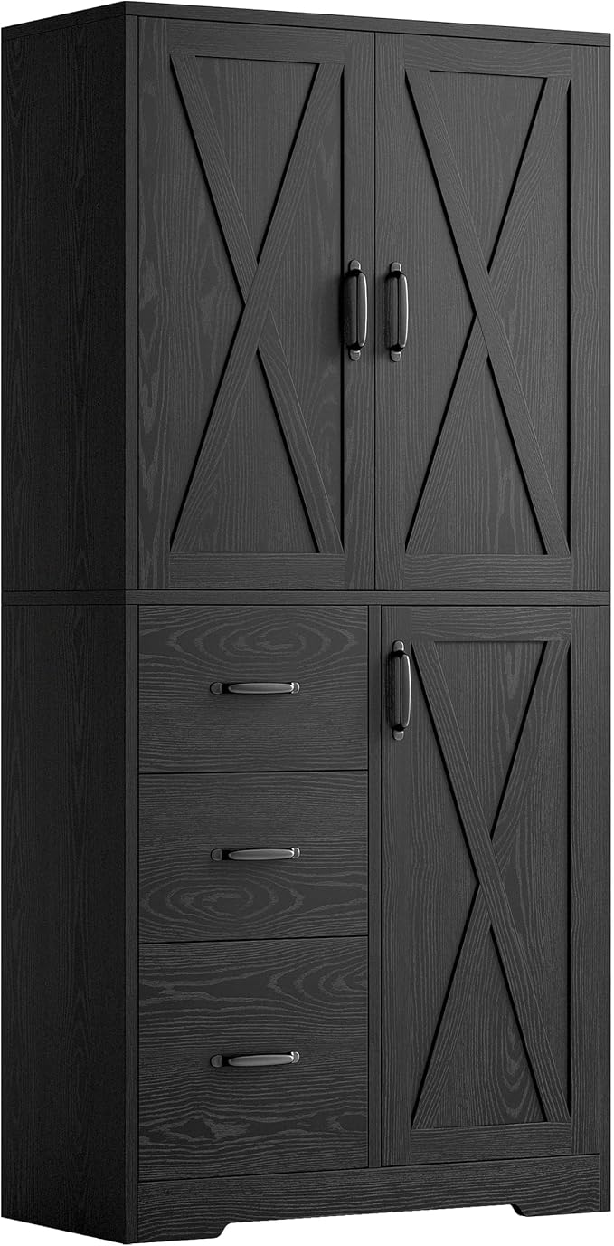 IRONCK Pantry Cabinet, 67.5 inch Tall Storage Cabinet with 3 Doors & Drawers, Farmhouse Kitchen Cabinet with Adjustable Shelves, 5 Tier Freestanding Cupboard for Kitchen, Black