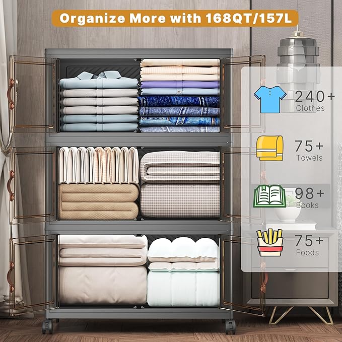 UAMFURI Extra Large Stackable Storage Bins with Lids & Wheels, Foldable Collapsible Closet Organizers Dark Storage Cabinet with Doors for Bedroom Dorm