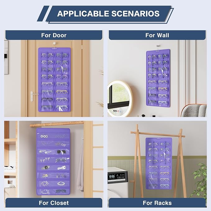 Hanging Sunglasses Organizer and Storage, 32 Slots Jewelry Holder, Purple | Protect eyewear from dust with double-sided clear compartments; roof design hangs on wall, door or closet for home/RV travel.
