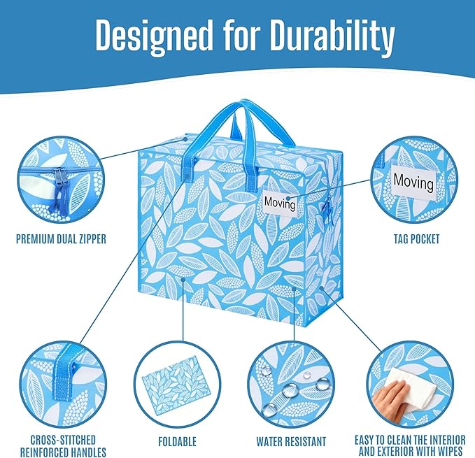 VENO 4 Pack Heavy Duty Moving Bags, Storage Bags, Packing Supplies, Top Zipper, Storage Totes for Camping, Clothes, Bedding, Comforters, Pillows (13 Gallon,Spring Breeze, 4 Pack)