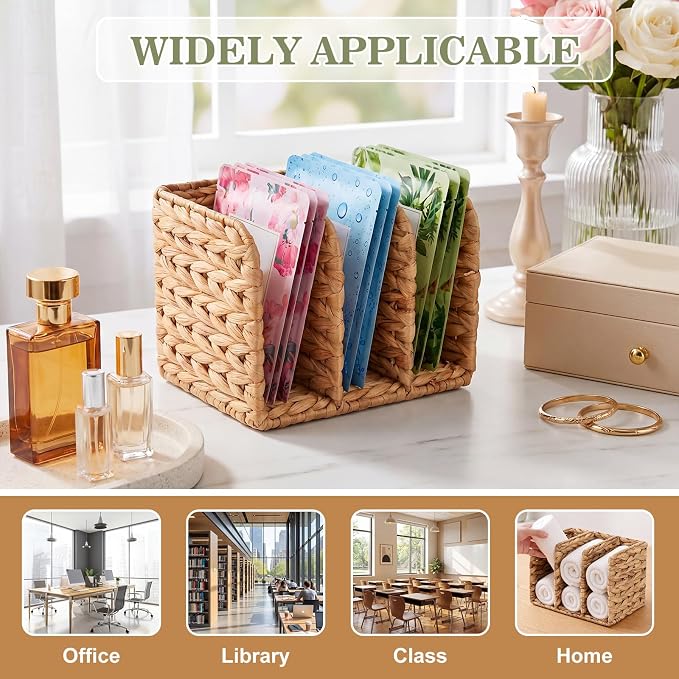Novabright Water Hyacinth Magazine Holder, Wicker Rattan File Organizer, 3 Vertical Compartments Desktop Paper Sorter for Binders, Notebooks, Envelopes, Woven Boho Office Desk Organizer