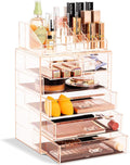 Sorbus Acrylic Makeup Organizer Set, 6-Drawer Vanity & Countertop Cosmetic Storage with Small & Wide Compartments, Pink Makeup Storage for Brushes, Jewelry – Holiday Gift for Women & Teens
