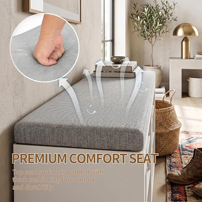 Shoe Storage Bench with Cushion Shoe Rack for Entryway 16 Cubby Multifunctional Organizer Bench Entryway with Soft Sponge Cushion for Hallway Living Room Bedroom (White & Light Gray)