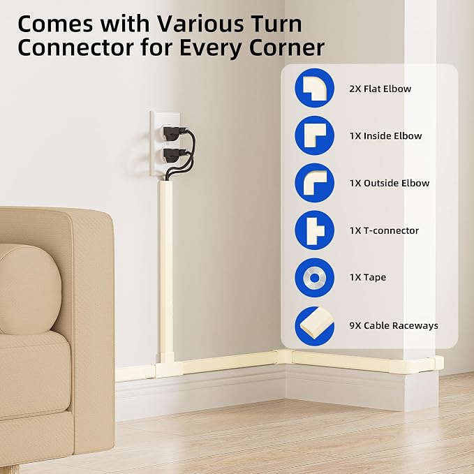 Delamu 142in Cord Hider, Beige Cable Cover for 2-3 Wires on Wall, Premium Wire Hiders Wire Covers for Cords on Wall, Easier Setup TV Cable Management Kit, W0.94 H0.47in, Beige