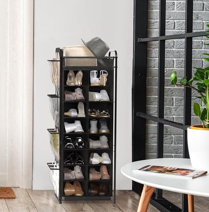 Simple Houseware 16 Cube Shoe Stand Tower Rack 8 Tier, Black | Top Shelf and Side Hanging Pockets