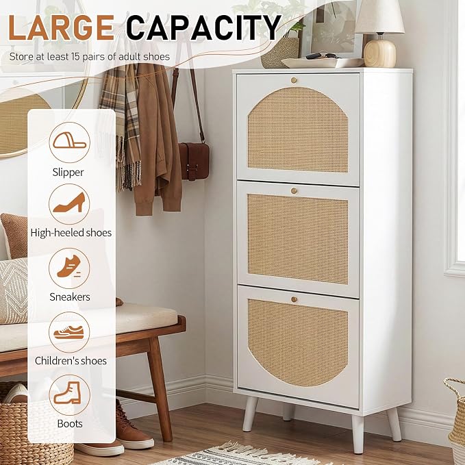 Karl home White Rattan Shoe Cabinet, 3-Tilt-Out Entryway Storage Organizer | Hidden Shoe Rack with 3 Tilt-Out Compartments for Heels, Slippers and Casual Shoes, Space Saving Entryway Furniture