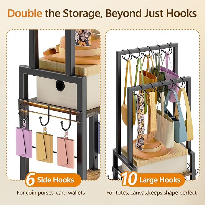 Tall Purse Organizer for Closet: 4-Tier Double Rods Purse Rack Stand,Black | With 10 Purse Hanger & 6 Side Hooks, Visible Backpack Handbag Storage, Space-Saving Narrow Purse Shelf for Small Space, Home
