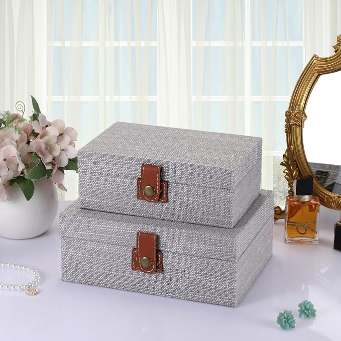 Hipiwe Jewelry Storage Box Treasure Chest Wooden Box with Linen Covered | Rectangular Keepsake Case with Clasp Lid, Dcorative Photo Storage Organizer for Men Women Christmas Gift, Gray Small