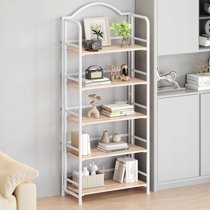 Folding Bookshelf 5 Tiers, No Assembly,Vintage Storage Rack Shelves,White | Vintage Bookcase Multifunctional Plant Flower Stand, Storage Shelves Organizer for Home Office,Living Room,Dorm