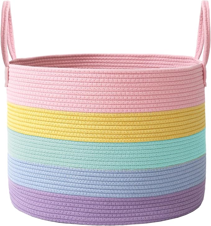 JMvicyroam 115L Extra Large Machine Washable Cotton Rope Blanket Basket | Collapsible laundry hamper, Reinforced handles, For blankets, pillows, toys and clothes, Living room and bedroom, Rainbow