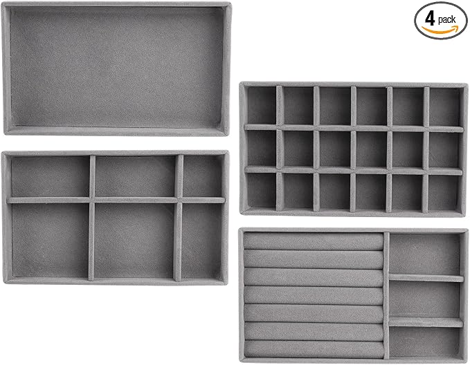 Framendino, 4 Pack Grey Velvet Jewelry Trays Stackable Organizer Drawer Inserts Container Display Case for Bracelets Necklaces