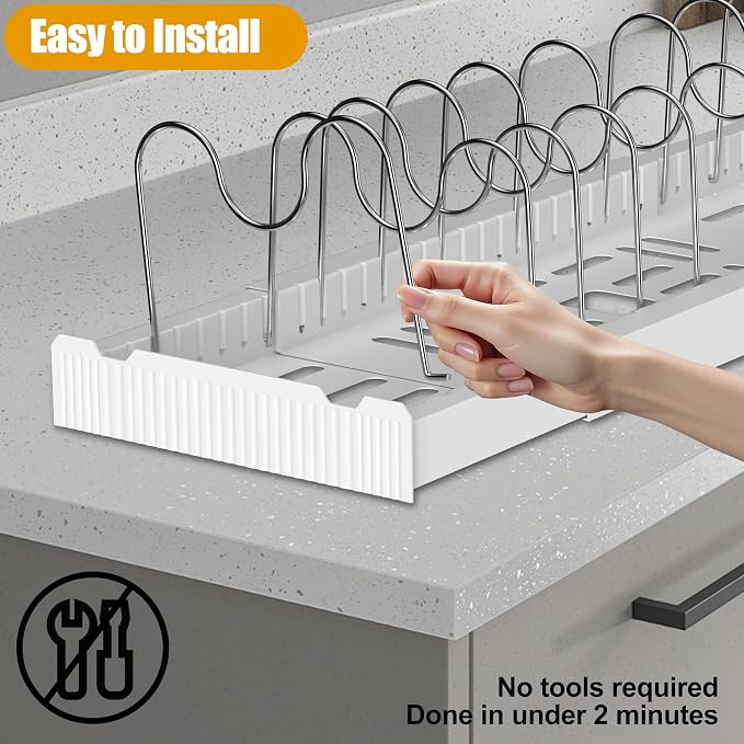 2 Pack Pots and Pans Organizer Under Cabinet, Expandable Pot Lid Organizer Racks, Include 20 Stainless Steel Racks & White Plastic Base, Perfect for Kitchen Cabinet, Countertop & Cupboard