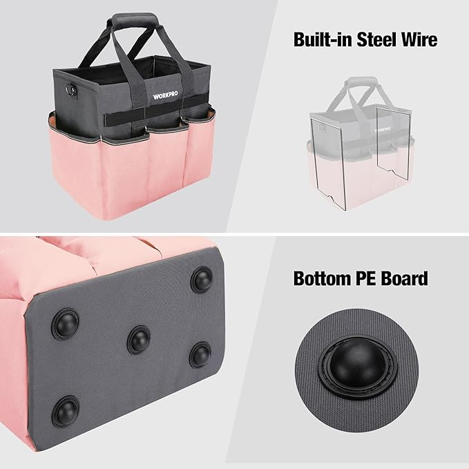 WORKPRO Garden Tool Bag, 10 Pockets and Shoulder Strap, Pink | Heavy Duty Gardening Organizer Tote Bag Standable Garden Home Tool Kits Organizer (Tools are not Included)