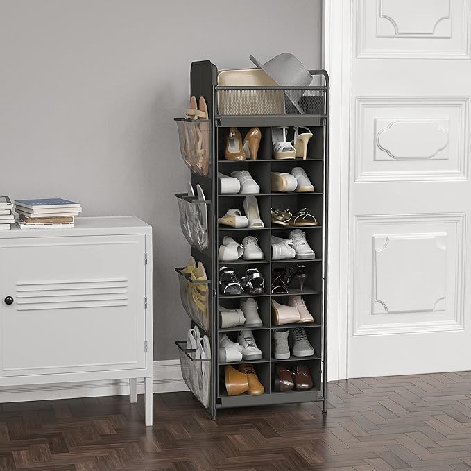 Simple Houseware 16 Cube Shoe Stand Tower Rack 8 Tier, Dark Gray | Top Shelf and Side Hanging Pockets