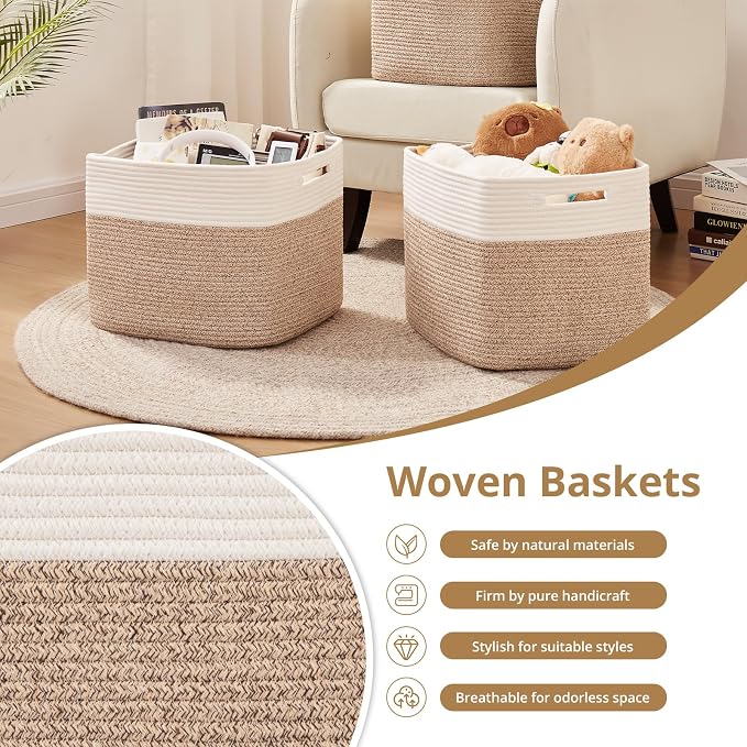 OIAHOMY 13 Inch Cube Storage Bins, 3-Pack Cotton Rope Woven Baskets for Organizing, Insert Storage Baskets for Shelves, Baby Nursery, Closet Organizer, 15 * 13 * 12.6IN, Brown & White