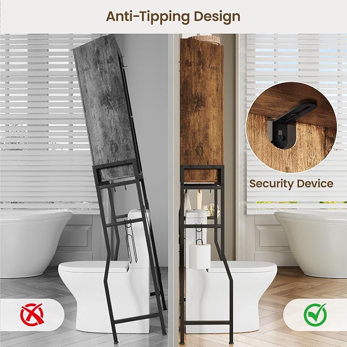 Memobarco Over The Toilet Storage Cabinet with Metal Stand, Rustic Brown | Toilet Paper Holder, 3 Extra Hooks, Anti-Tipping Device, With Adjustable Shelves, for Bathroom, Restroom, Laundry